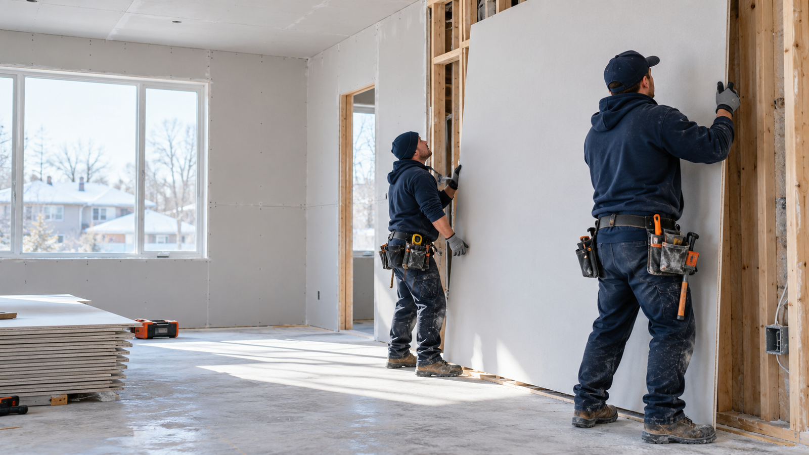 Illustrative AI image of drywall installers positioning a new panel