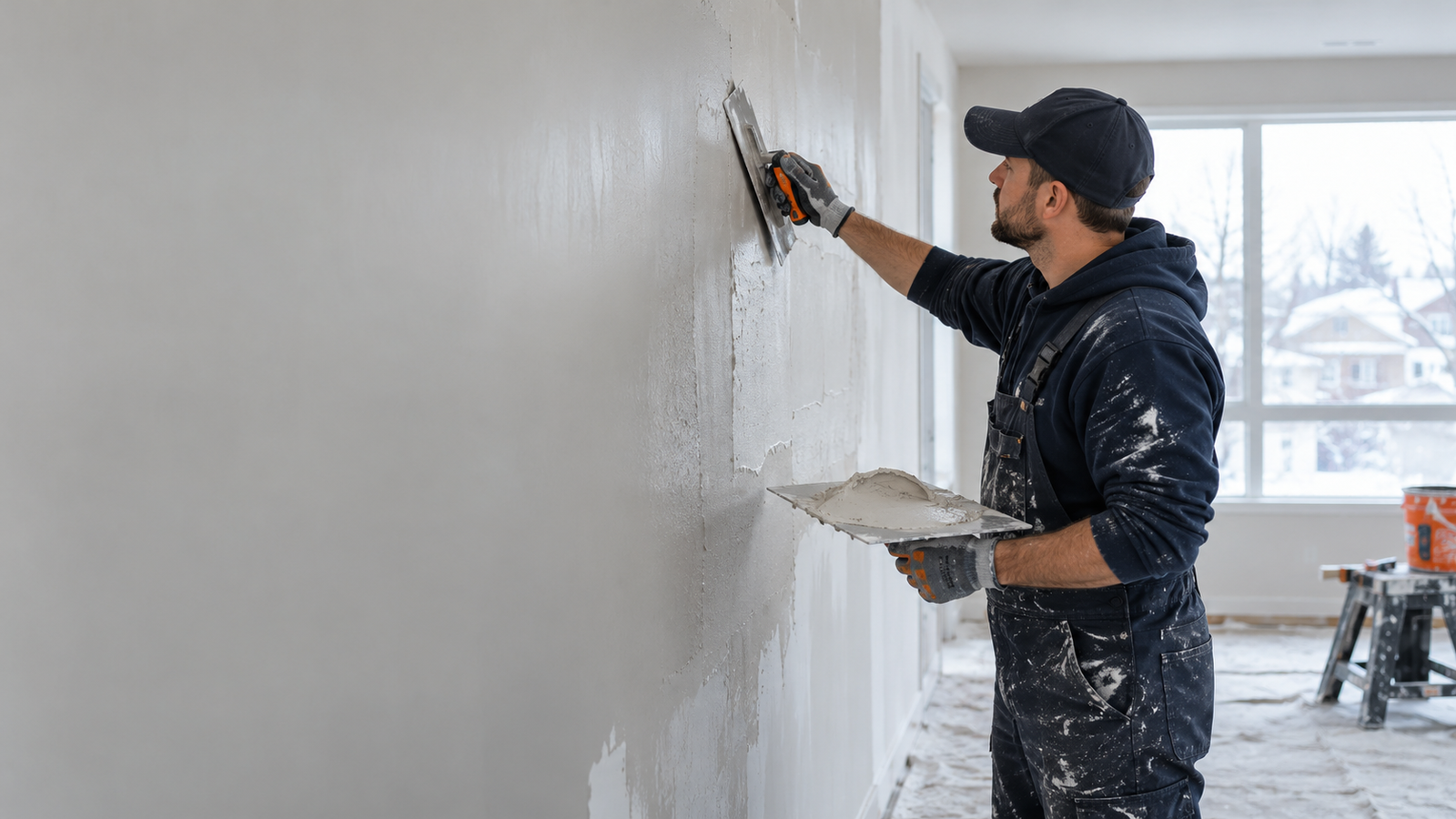 Illustrative AI image of skim coating an existing wall