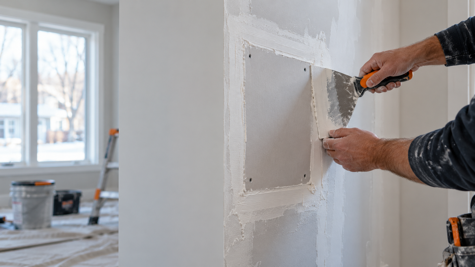 Illustrative AI image of a drywall patch being finished